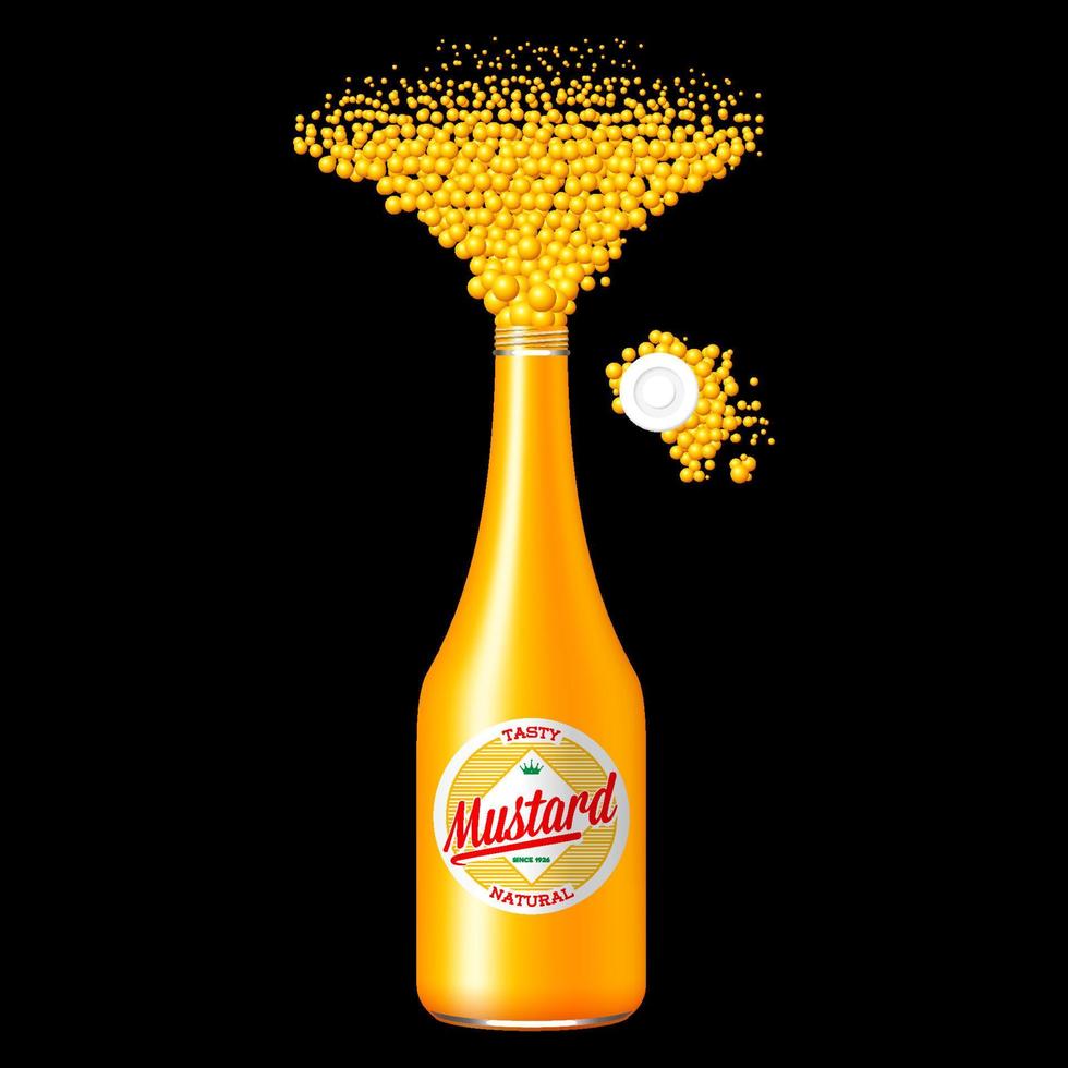 Flasche Senf mit verstreuten gelben Gewürzen vektor