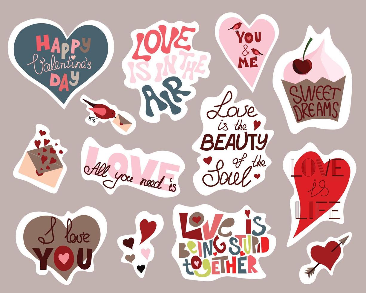 Liebes- und Valentinstagsaufkleber mit Schriftzug, Herzen und anderen Attributen vektor