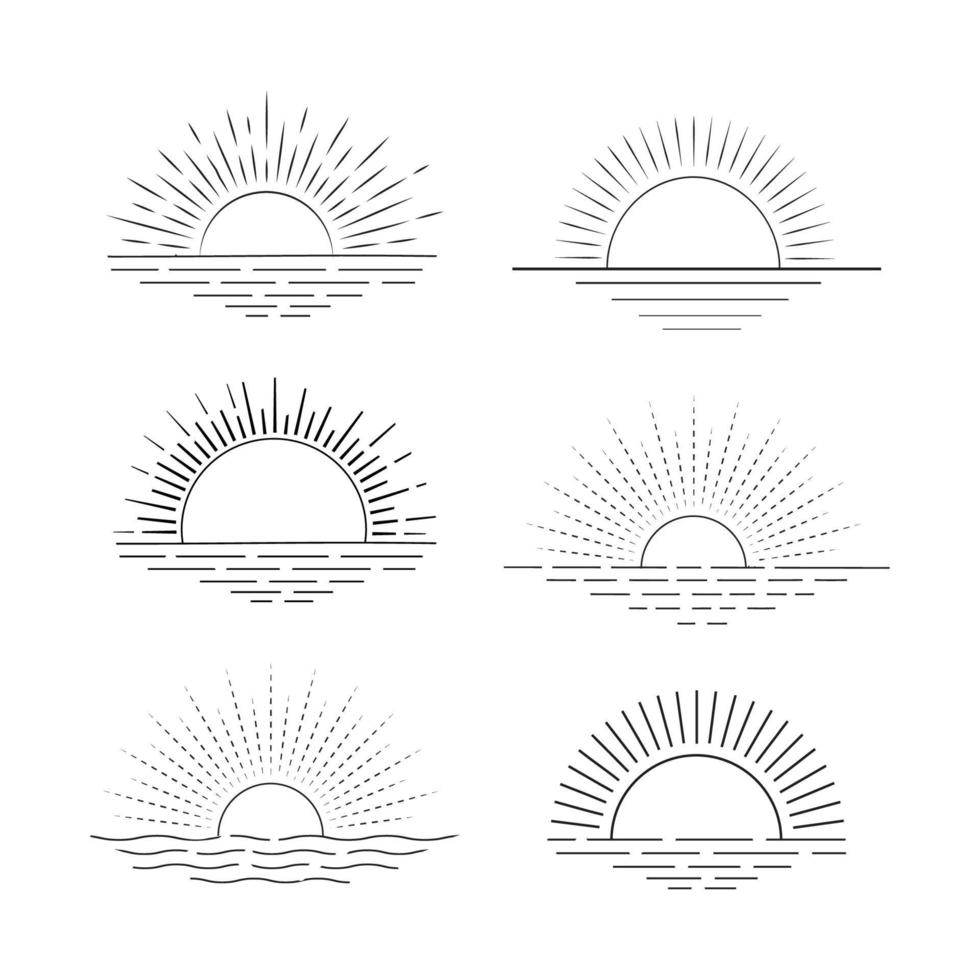Satz von handgezeichneten Sonne Symbol Sommer Sonnenaufgang Sonnenuntergang Sonnenschein Sonne Logo Symbol Meer Ozean Sonne Vektor Illustration