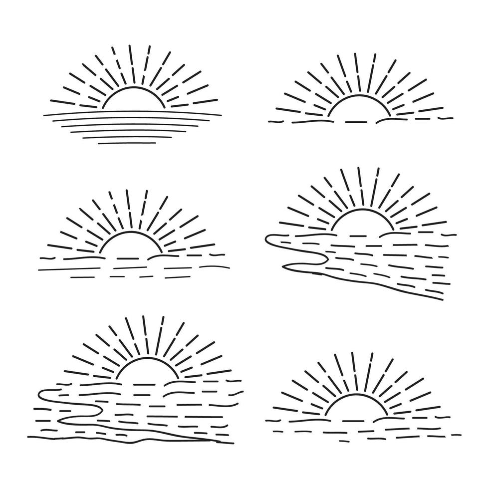 uppsättning av hand dragen Sol ikon sommar soluppgång solnedgång solsken Sol logotyp ikon hav hav Sol vektor illustration