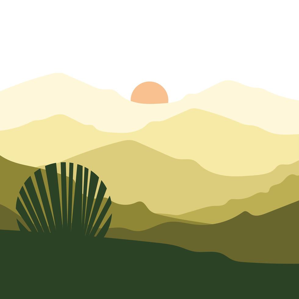 sol på bergslandskap med bladvektordesign vektor