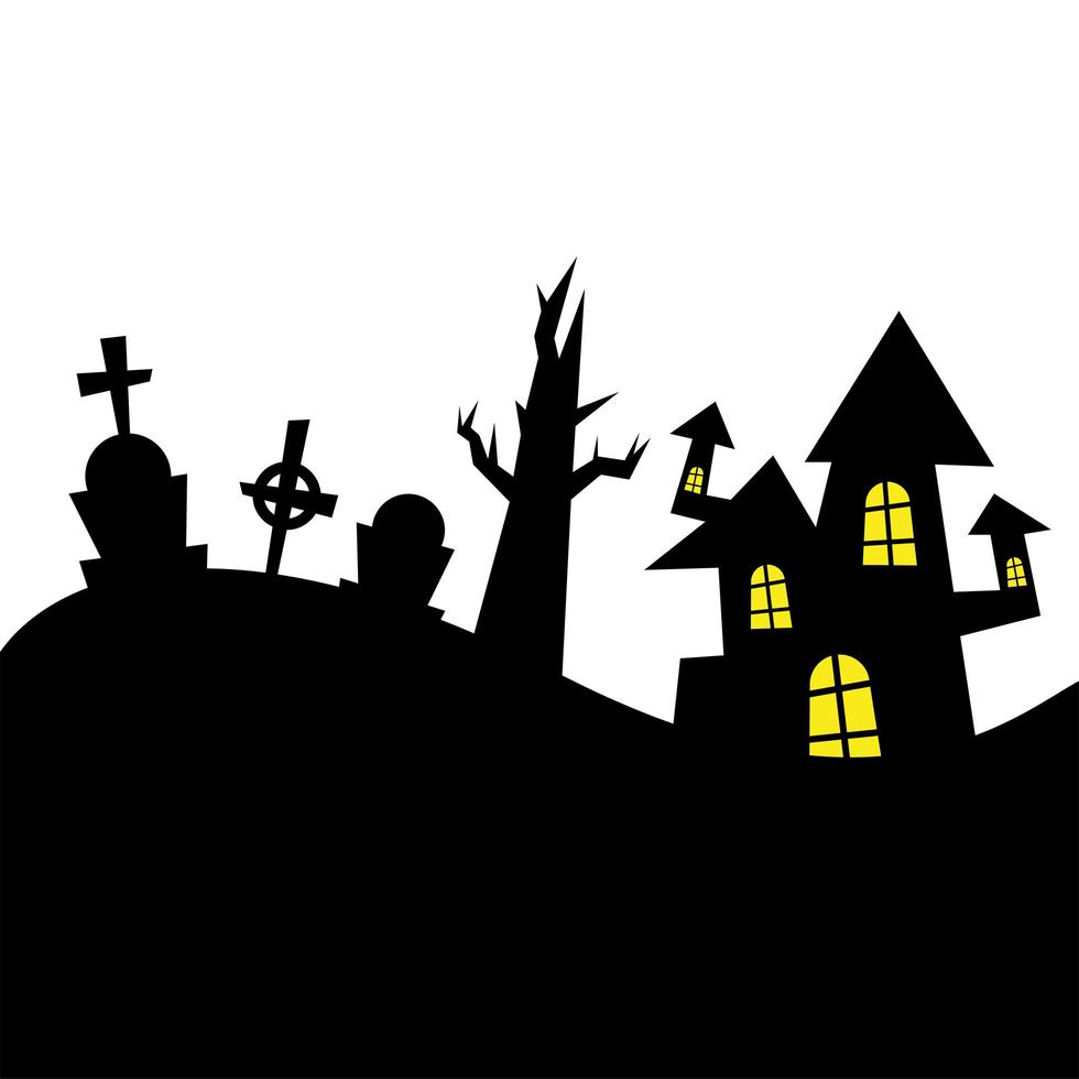 Halloween-Haus und kahler Baum am Friedhofsvektorentwurf vektor