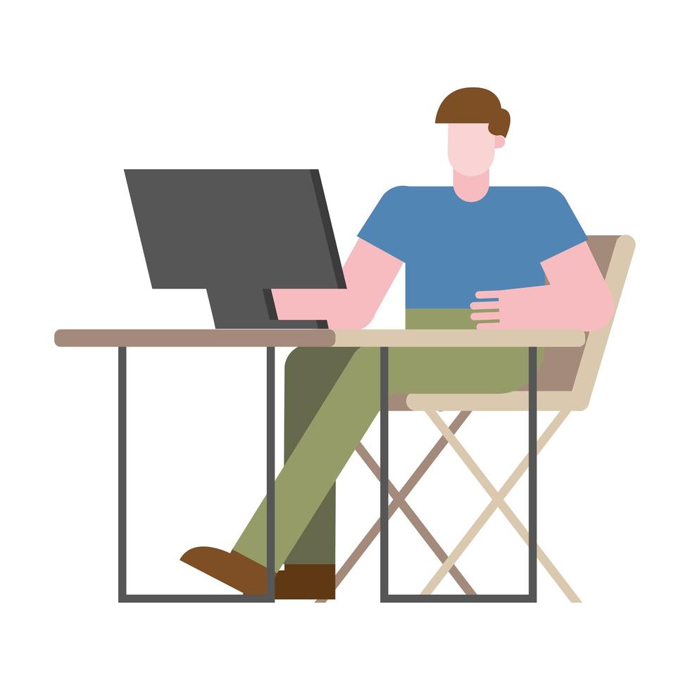 Mann mit Computer am Schreibtisch, der vom Hauptvektordesign arbeitet vektor