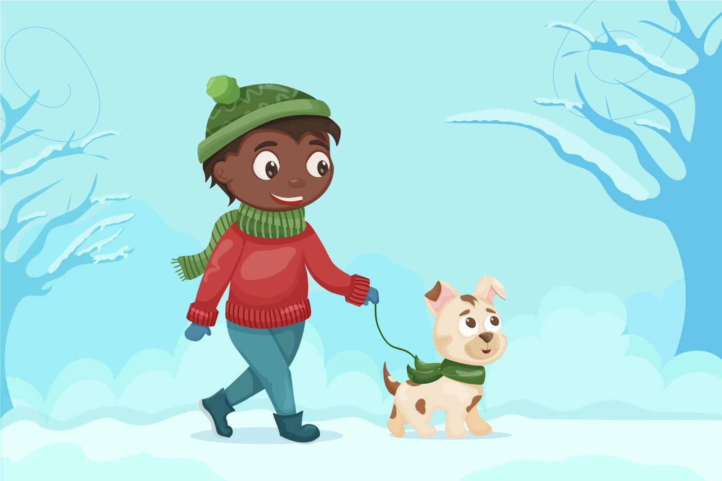 Ein schwarzer Junge geht im Winter mit seinem Hund spazieren. nette flache illustration. Monat des Hundespaziergangs. Website, Bannervorlage vektor