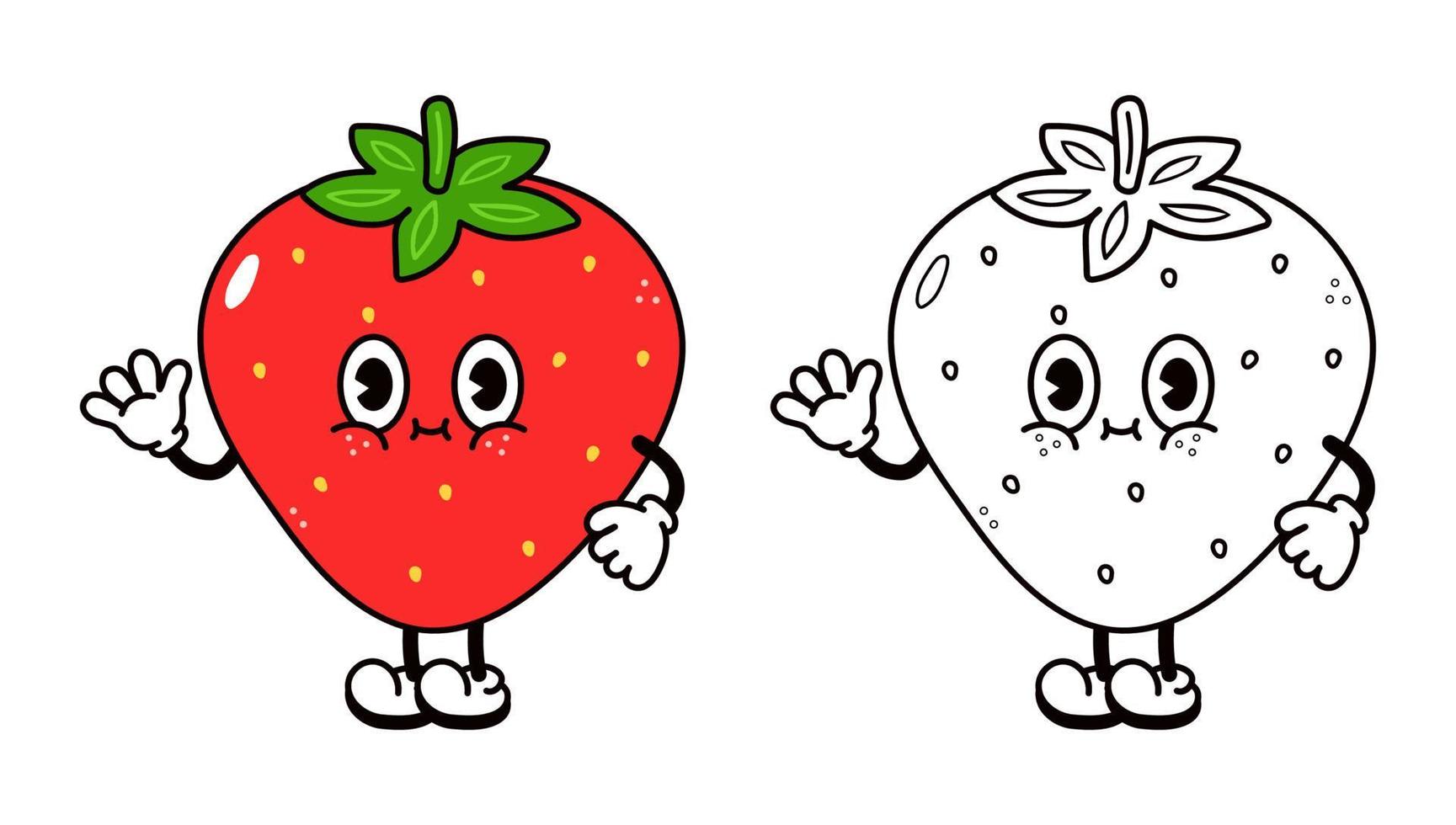 söt rolig jordgubb vinka hand karaktär översikt tecknad serie illustration för färg bok. vektor jordgubb hand dragen traditionell tecknad serie årgång, retro, karaktär. isolerat vit bakgrund