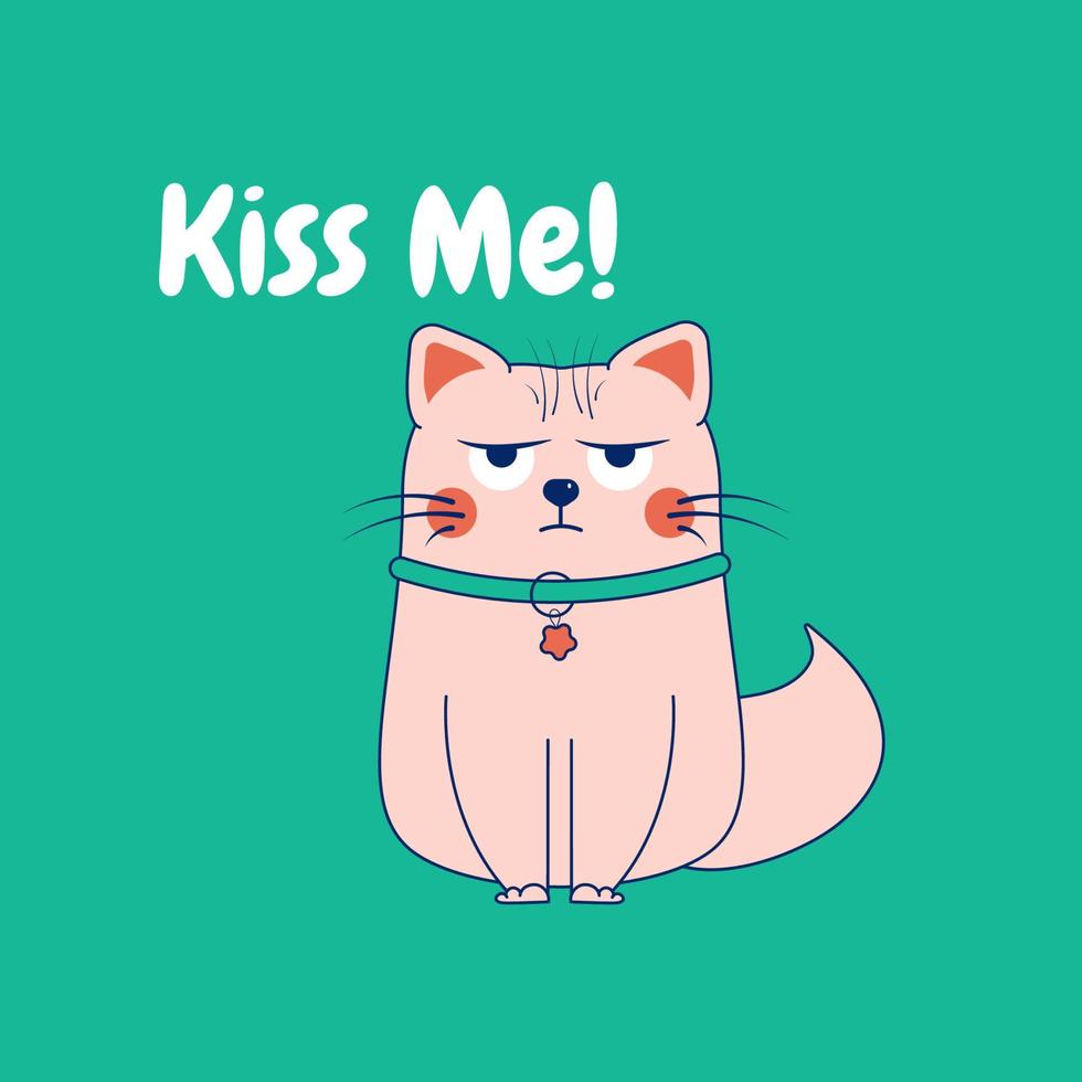 söt tecknad serie ledsen klotter katt. kort med de inskrift kyss mig vektor