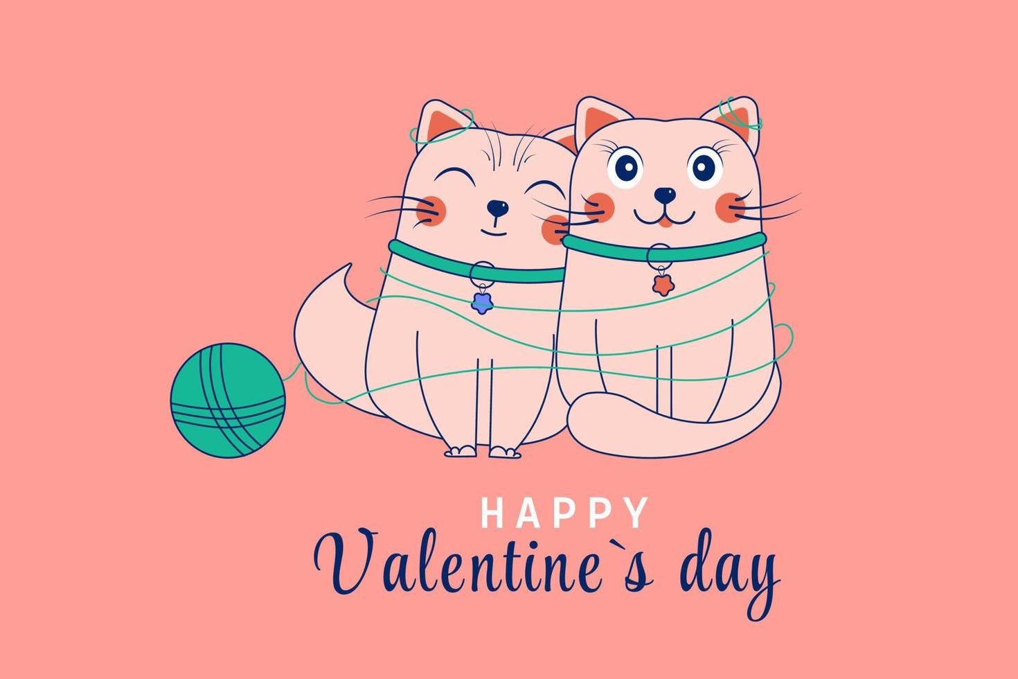 söt tecknad serie klotter av katter i kärlek i härva av trådar. st. hjärtans dag vektor