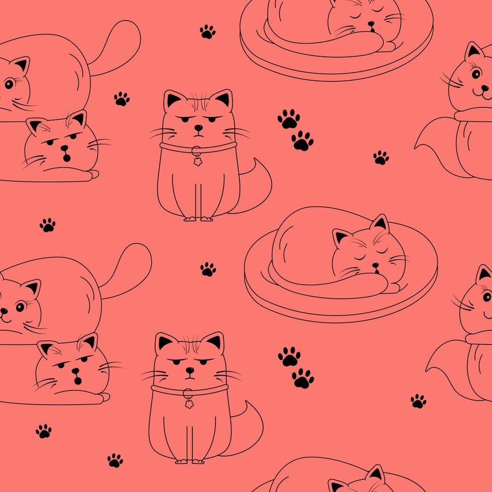 Nahtloses schwarz-weißes Skizzenmuster mit niedlichen Doodle-Katzenfiguren auf rotem Hintergrund. vektor