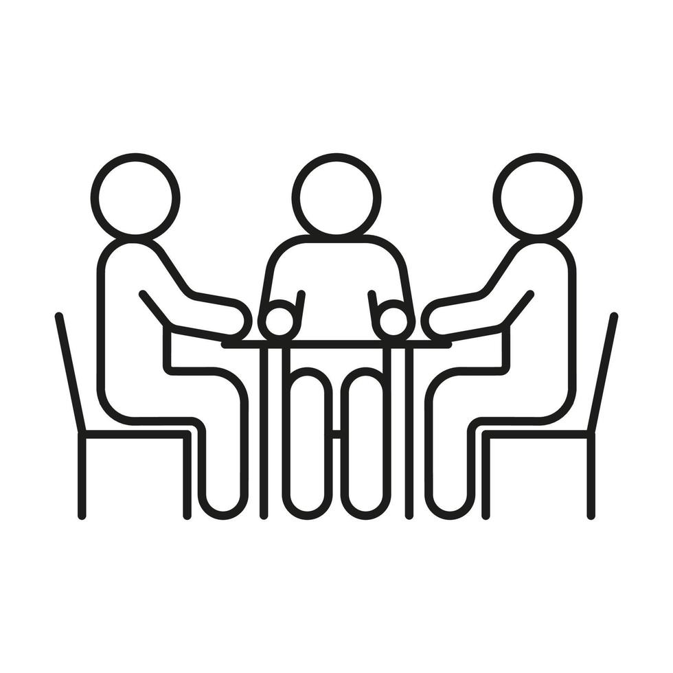 grupp människor sittplats på tabell, konversation, diskussion, möte ikon linje. man kommunikation på arbete i team, jämlikhet partnerskap. vektor illustration