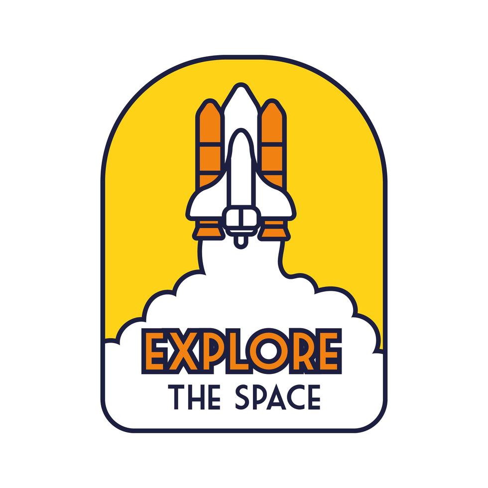 rymdmärke med rymdskepp som flyger och utforska rymdbokstavslinjen och fyllningsstil vektor