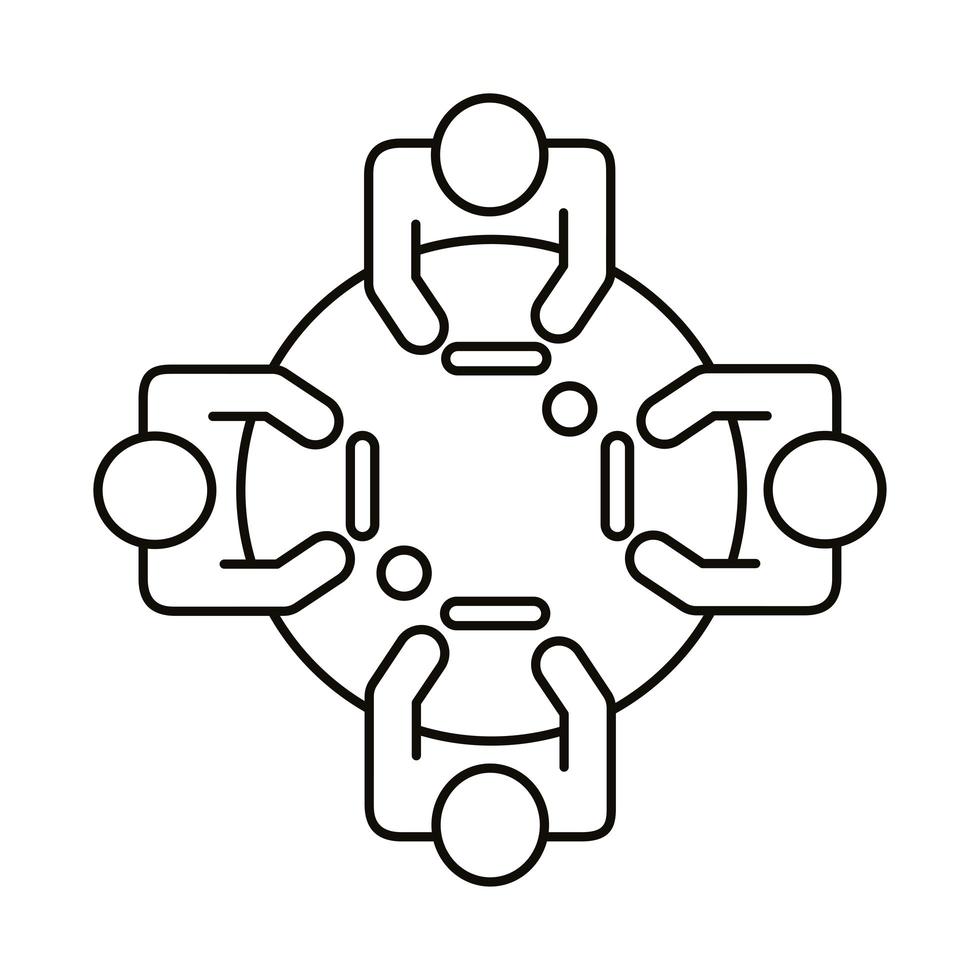 vier Arbeiter am runden Tischlinien-Stilikone vektor