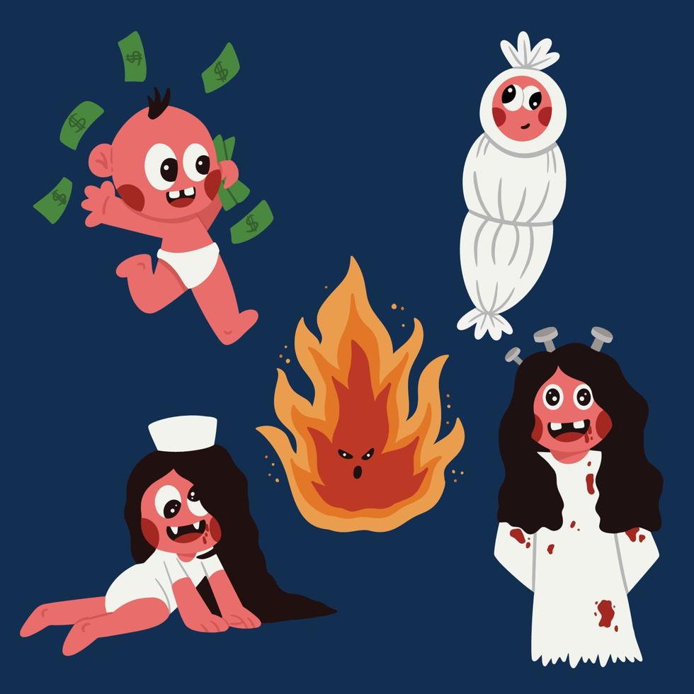 Halloween-Paketsammlungssatz indonesischer Geist pocong, kuntilanak, Schwesterdoktor, Kinderübel bringen Geld, flacher Designvektor der Feuerflammenkugel heißer banaspati Charakterillustration vektor