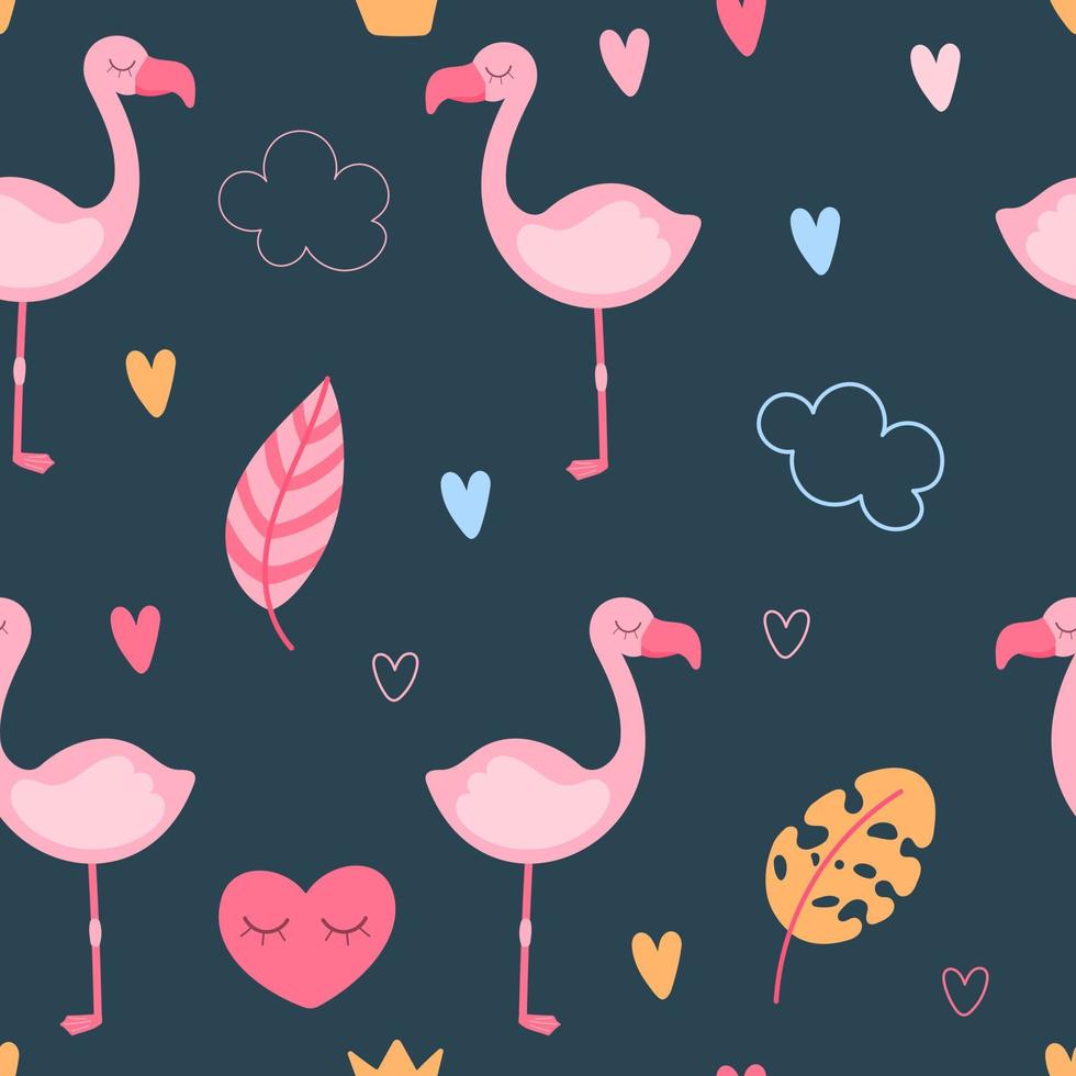 sömlös mönster med rosa flamingos, löv Färg hjärtan och moln vektor