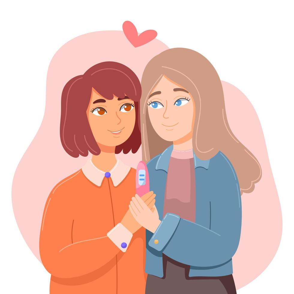 Zwei junge attraktive lesbische Mädchen, die sich in einen positiven Schwangerschaftstest verliebt umarmen vektor