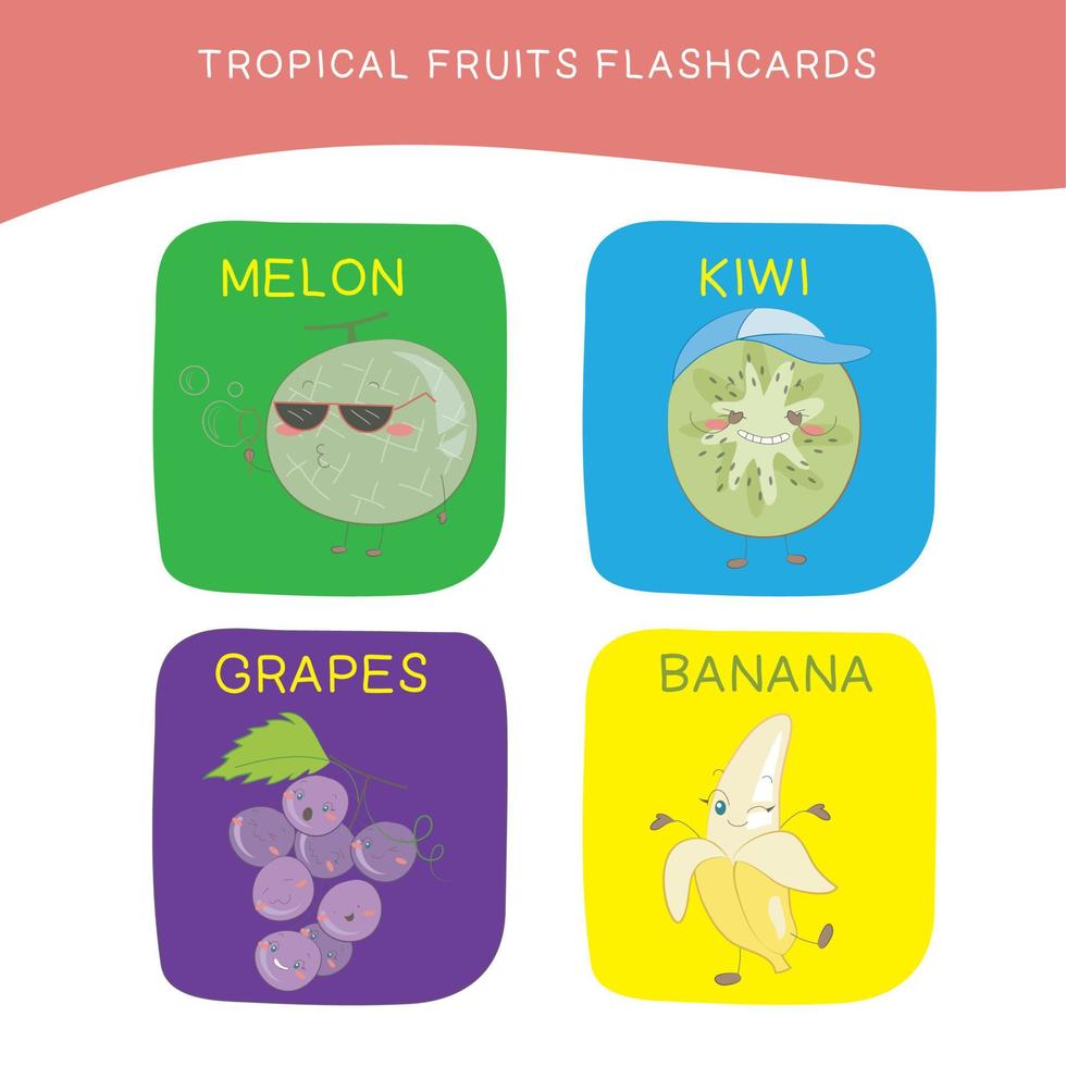 tropisk frukt flashcards för barn. söt frukt flashcards för barn. tropisk frukt samlingar flashcards vektor