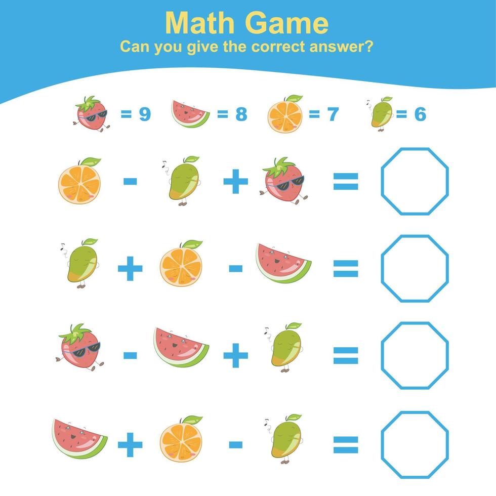 frukt räkning matematik arbetsblad. matematik kalkylblad för förskola. pedagogisk tryckbar matematik arbetsblad. räkna och skriva svar aktivitet för barn. vektor illustration.