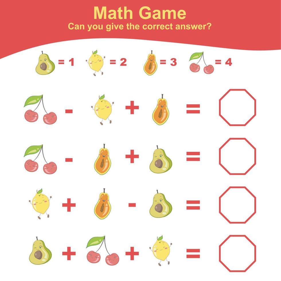 frukt räkning matematik arbetsblad. matematik kalkylblad för förskola. pedagogisk tryckbar matematik arbetsblad. räkna och skriva svar aktivitet för barn. vektor illustration.