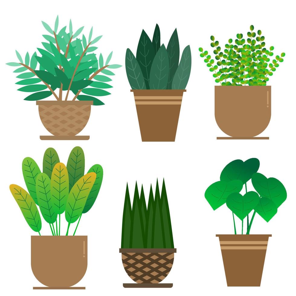 Illustrator-Vektor einer Reihe grüner Pflanzen im Cray-Topf. vektor