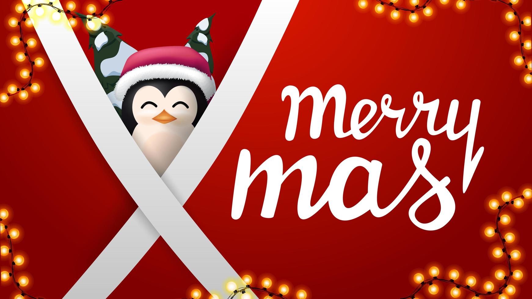 Frohe Weihnachten, rote Postkarte mit Girlande, diagonale weiße Linien und Pinguin im Weihnachtsmannhut dahinter vektor