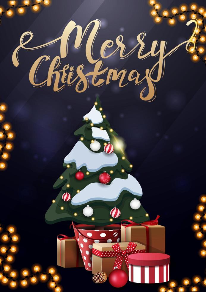 Frohe Weihnachten, vertikale blaue Postkarte mit Goldbeschriftung und Weihnachtsbaum in einem Topf mit Geschenken vektor