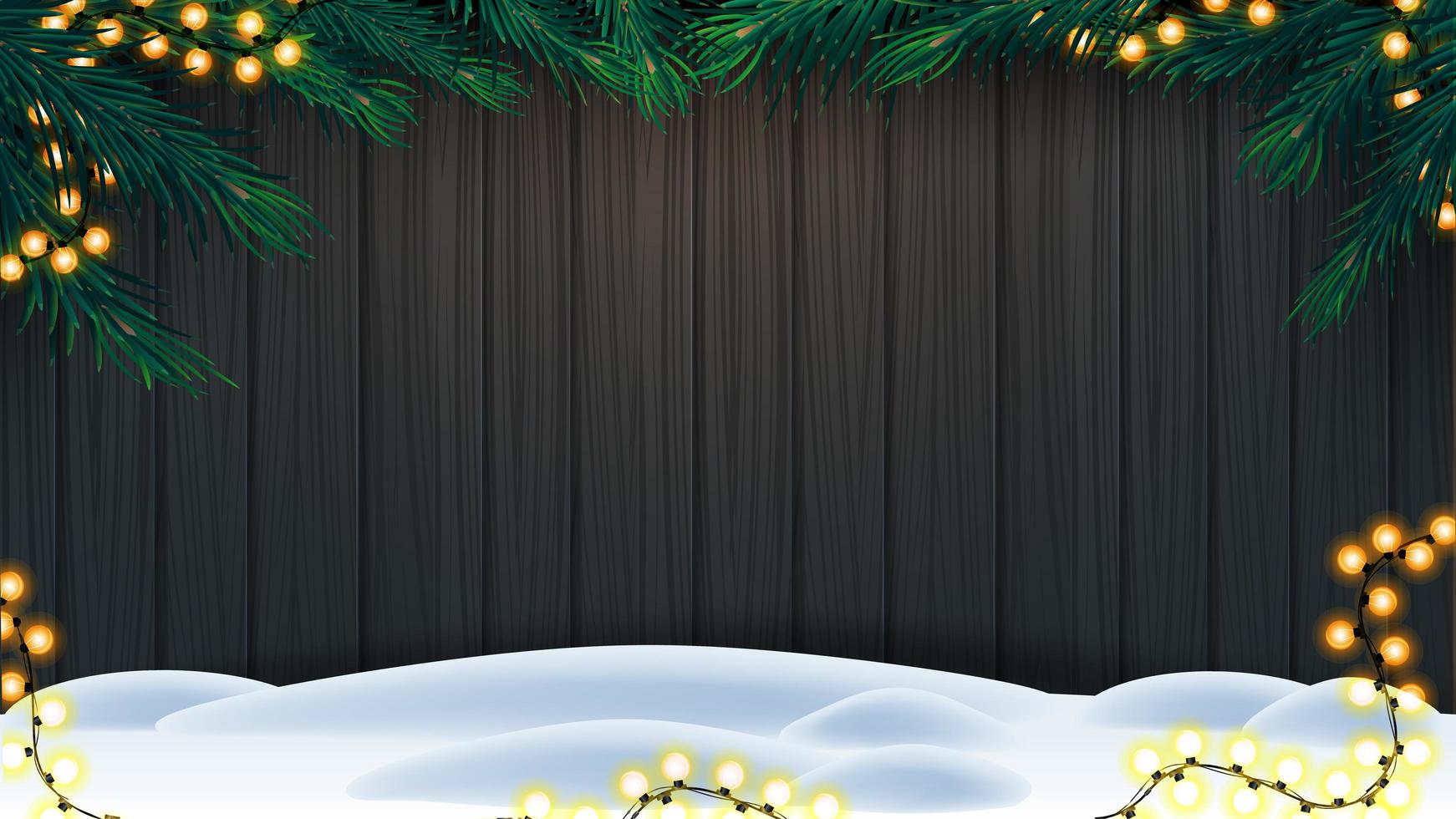 jul bakgrund, trästaket av brädor med ram av julgranfilialer, krans av gula glödlampor och snö på golvet vektor