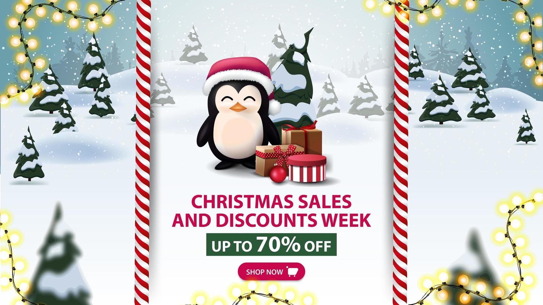 julförsäljning och rabattvecka, upp till 70 rabatt, vacker rabattbanner med pingvin i jultomtenhatt med presenter och tecknad vinterlandskap på bakgrund vektor