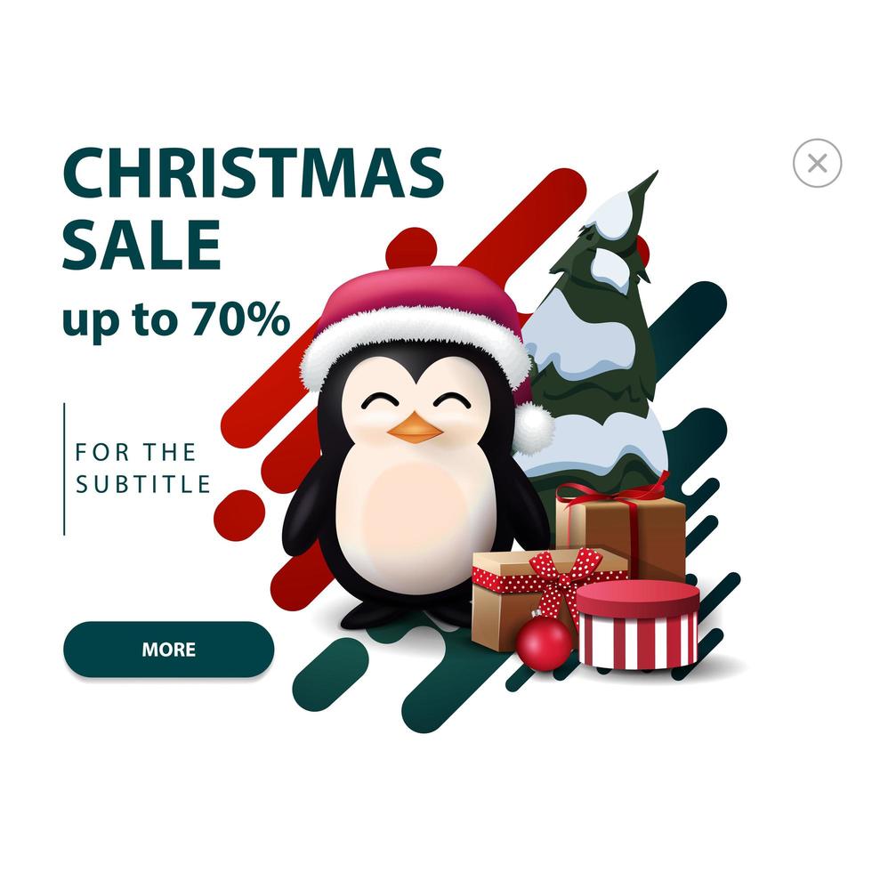 Weihnachtsverkauf, bis zu 70 Rabatt, weißer Rabatt Pop-up für Website mit abstrakten Formen in roten und grünen Farben und Pinguin in Weihnachtsmann Hut mit Geschenken vektor