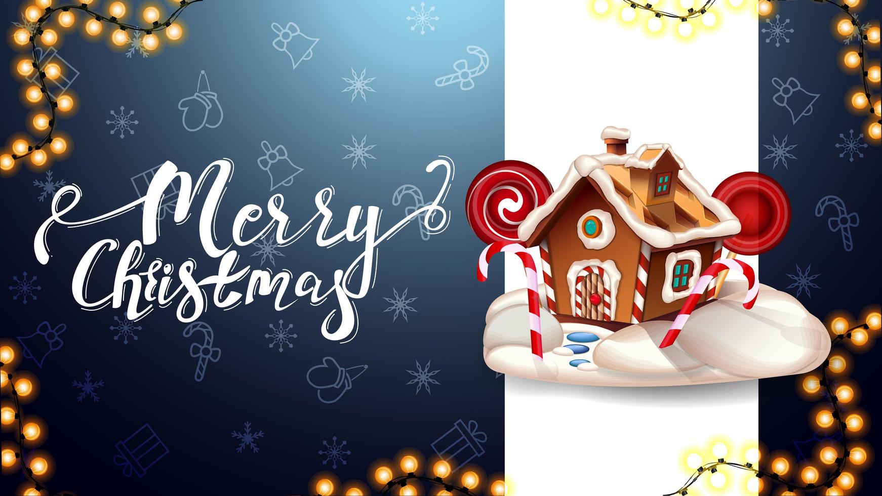 god jul, blå vykort med vertikal vit linje, julmönster och pepparkakshus för jul vektor