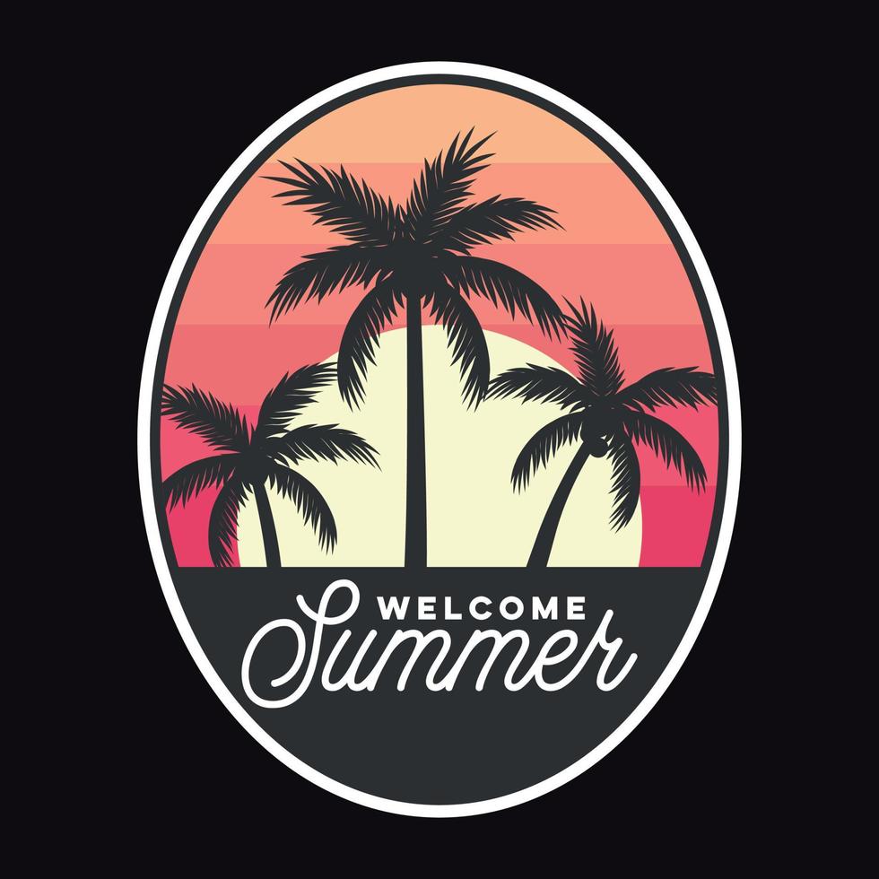 Sommer Sonnenuntergang Strand Label Vektor Illustration Retro Vintage Abzeichen Aufkleber und T-Shirt Design