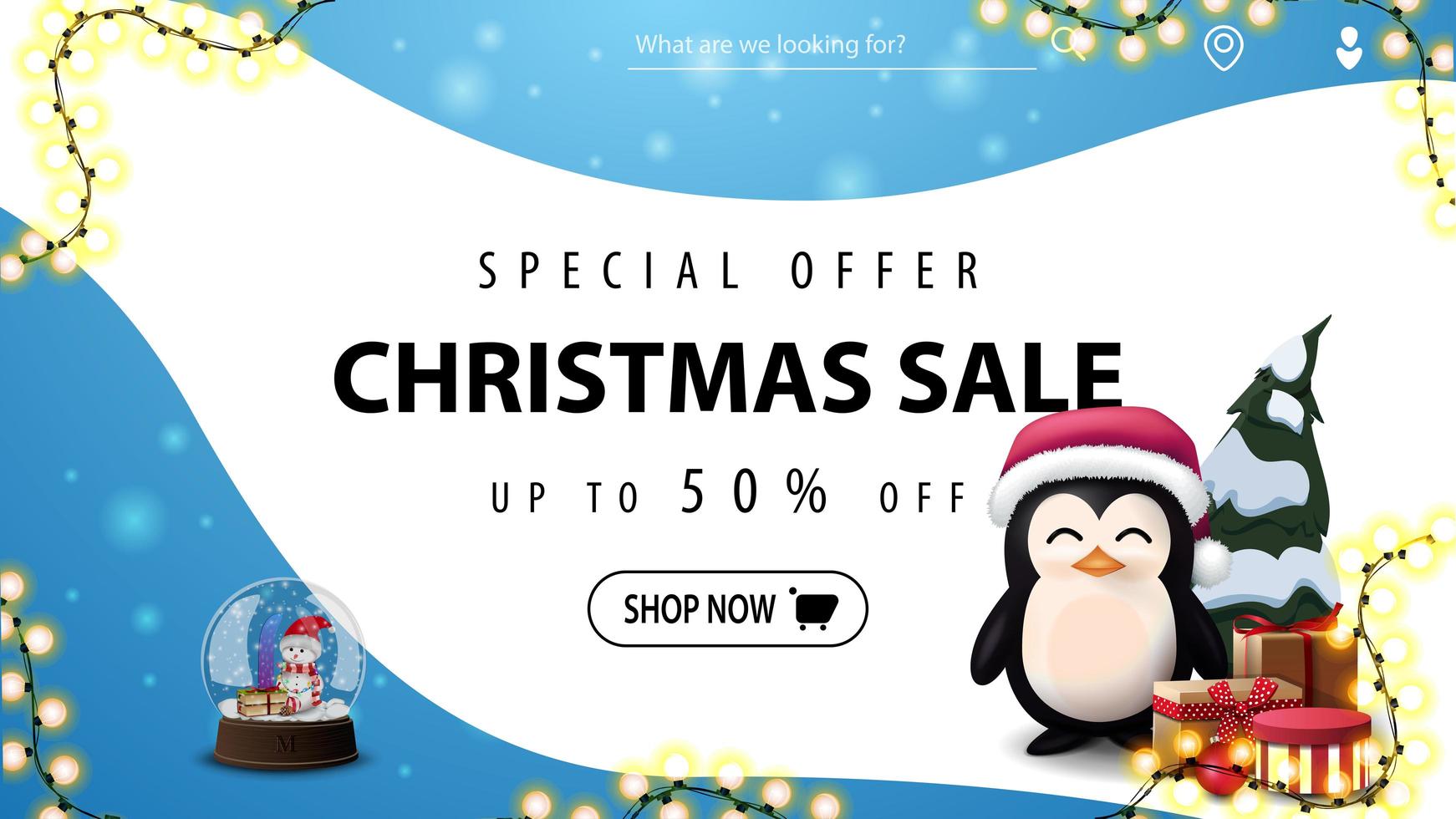 specialerbjudande, julförsäljning, upp till 50 rabatt, blå och vit rabattbanner med släta linjer, snöklot med snögubbar inuti och pingvin i jultomtenhatt med presenter vektor