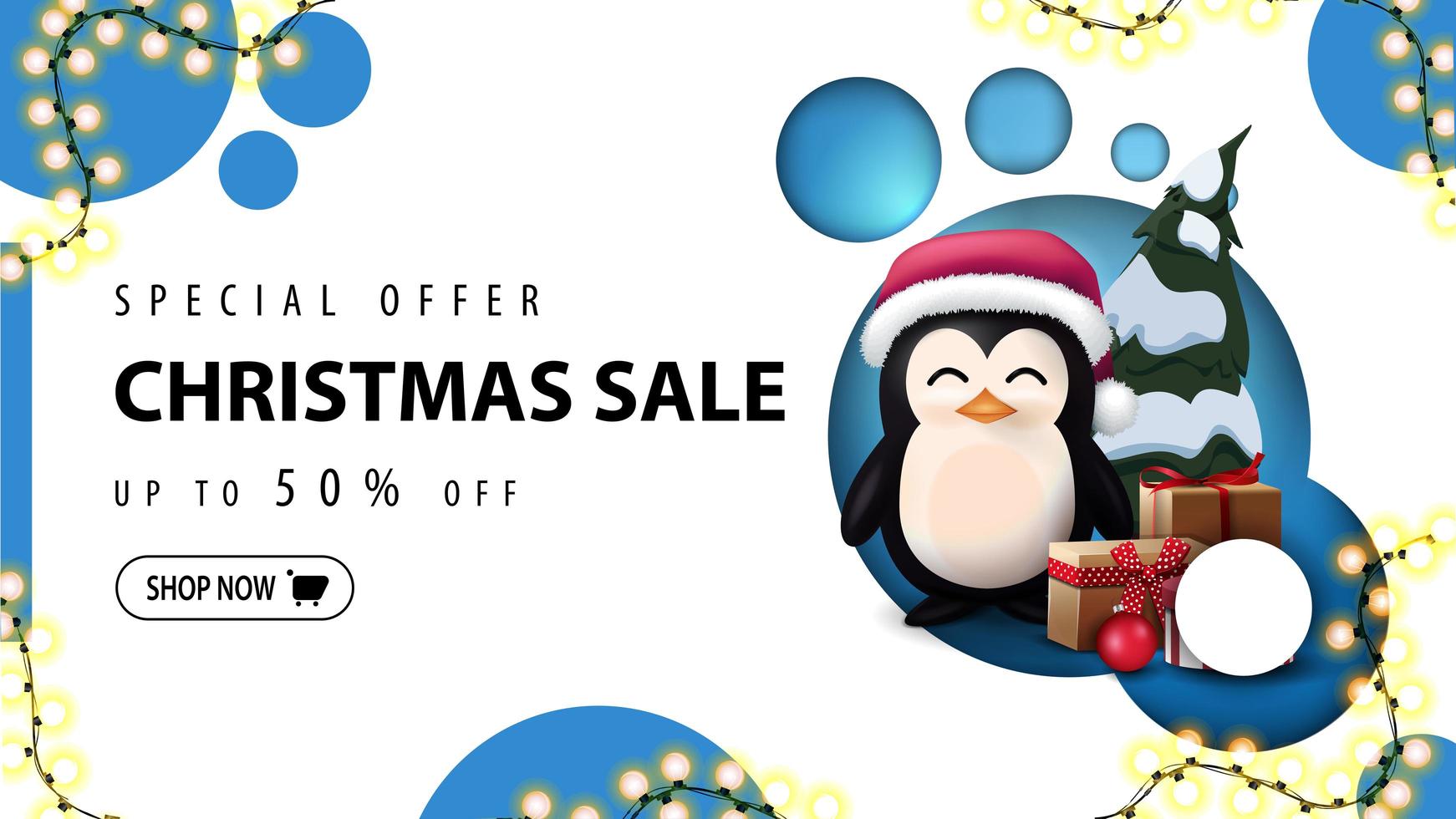 modern rabattbanner, specialerbjudande, julförsäljning, upp till 50 rabatt. rabatt banner med modern design med blå cirklar och pingvin i jultomten hatt med presenter vektor