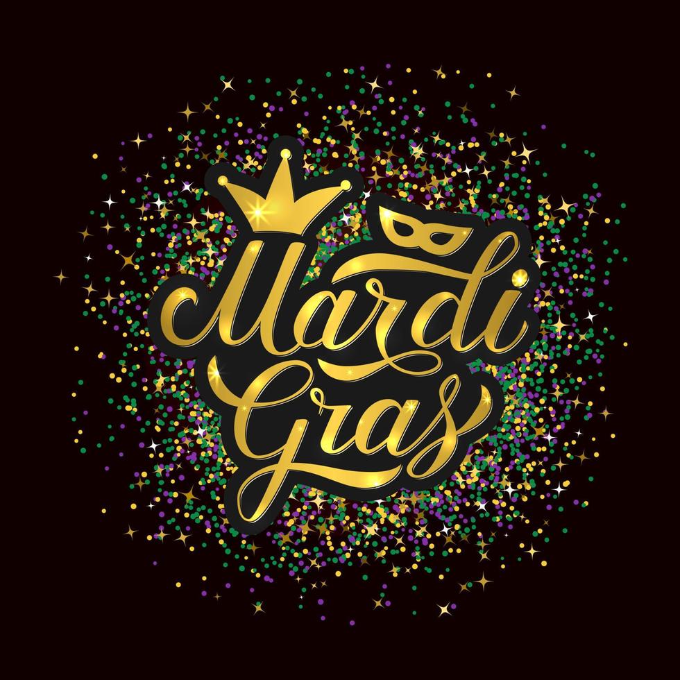 mardi gras skinande guld text på ljus färgrik glitter konfetti bakgrund. traditionell karneval ny orleans. fett eller skrava tisdag affisch. vektor mall för baner, flygblad, fest inbjudan.