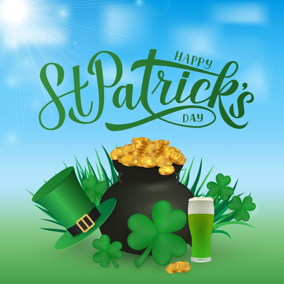 Lycklig st. patricks dag kalligrafi hand text, pott av gyllene mynt, pyssling hatt, klöver, och grön öl. helgon patricks dag hälsning kort, fest inbjudan, affisch, etc. vektor illustration