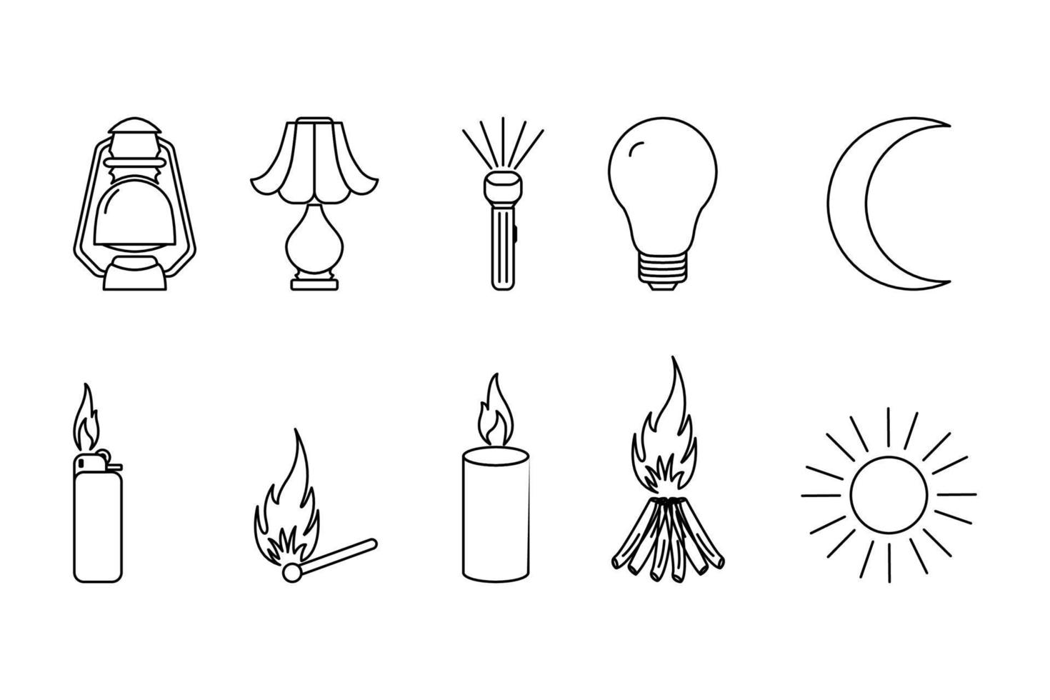 Sammlung von Lichtquellenzeilensymbolen, verschiedene Lichtquellenzeilensymbole, Kerzensymbol, Streichholz, Laterne, Lampe, Mond, Sonne, Feuer, flaches Symbol der Lichtquelle, abstraktes Symbol der Lichtquelle, Vektorillustration vektor