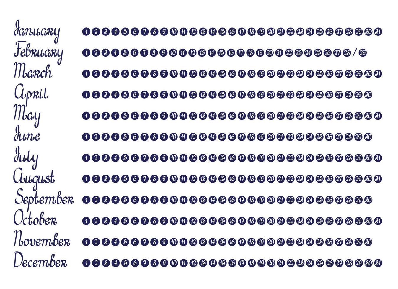 namn av månader av år, datum planerare klistermärken tryckbar design element för kalender, dagbok, kula tidning dekor, platt stil enkel vektor illustration