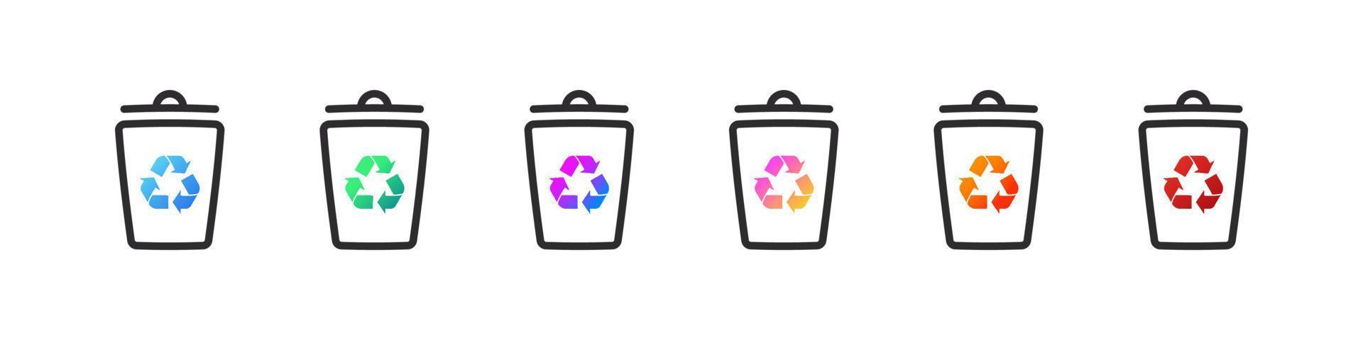 återvinna soptunnor uppsättning. ikoner av skräp burkar för annorlunda typer av avfall. vektor illustration