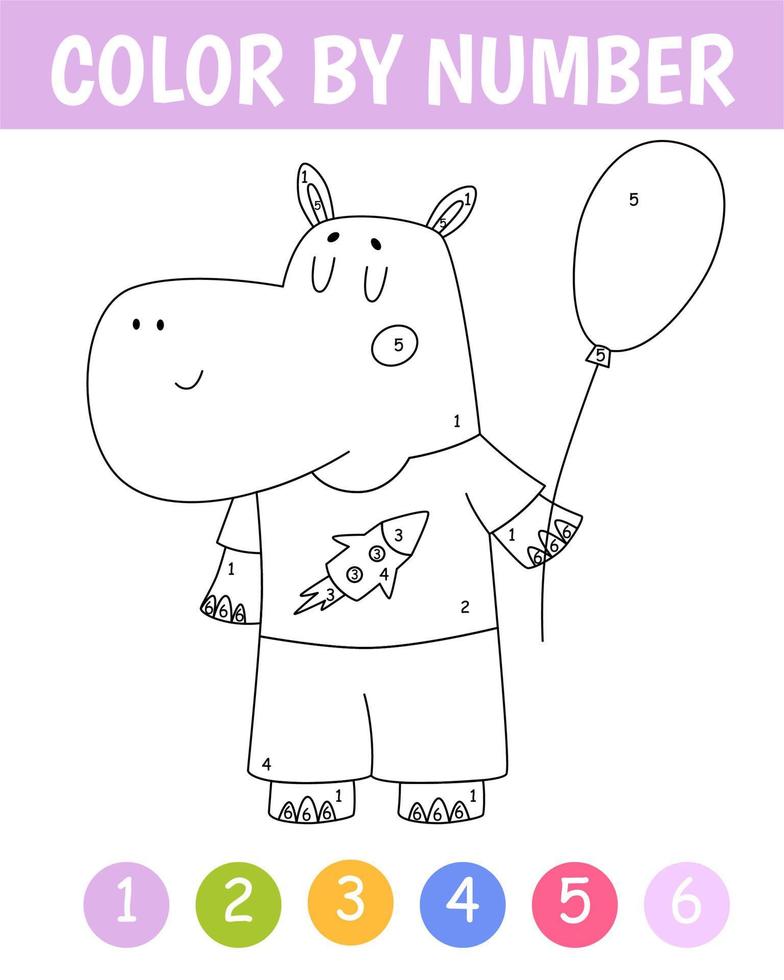 Färg förbi siffra spel för ungar. söt flodhäst med ballong. födelsedag färg bok. tryckbar kalkylblad med lösning för skola och förskola. inlärning tal aktivitet. vektor