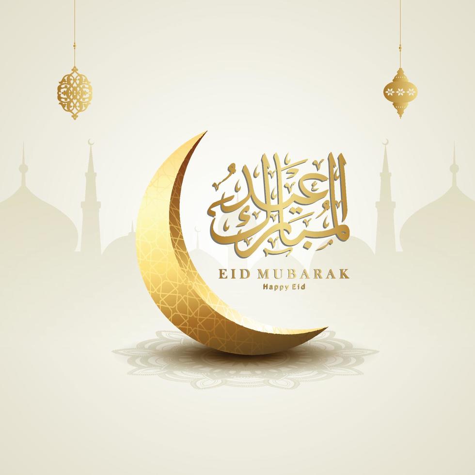 eid mubarak design vektor med halvmåne måne och arabicum kalligrafi