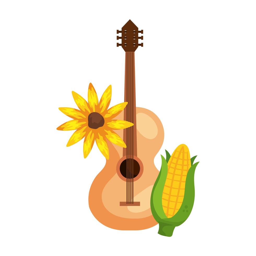 Mais und Sonnenblume mit klassischer Holzgitarre auf weißem Hintergrund vektor