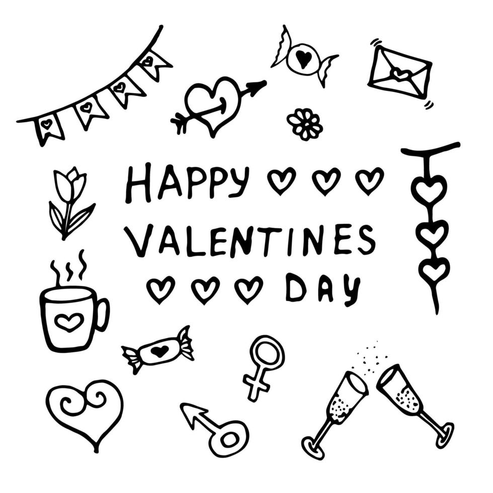 Satz von Valentinstag-Doodle-Elementen. romantische handgezeichnete Vektorillustration. Design-Elemente vektor