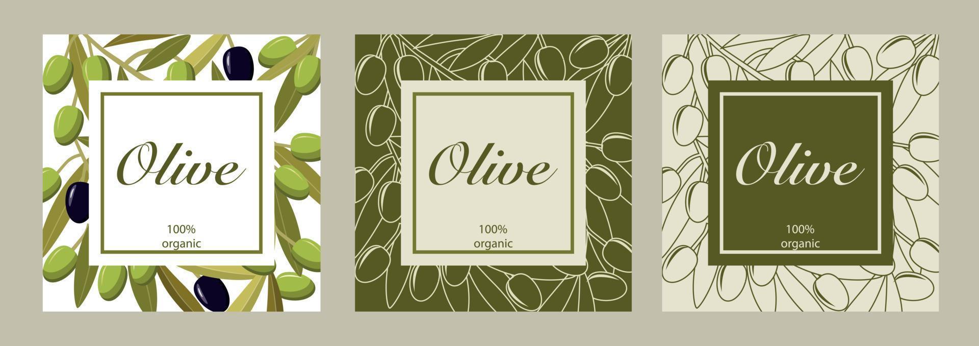 vektor samling av tre kort med svart och grön oliver. design för oliv olja, oliv förpackning, naturlig kosmetika, sjukvård Produkter