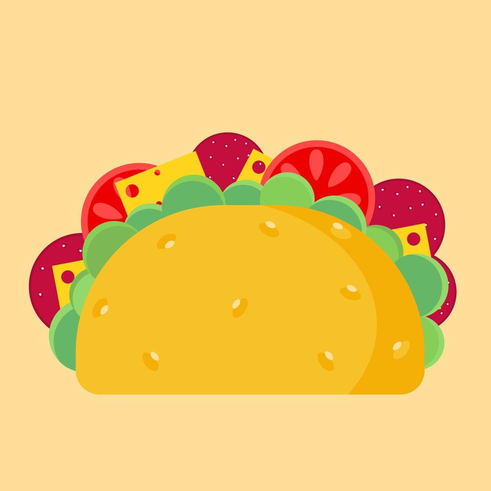 utsökt vektor tacos med ost och grönsaker och korv på gul bakgrund. vektor. isolera. ikon.