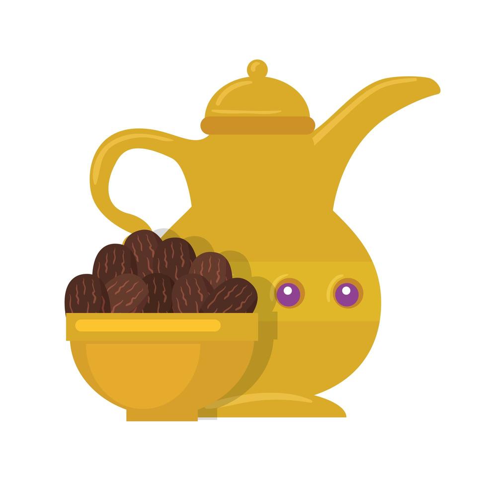 goldene arabische Teekanne, Teller mit Dattelfrucht, arabisches Kulturerbe auf weißem Hintergrund vektor