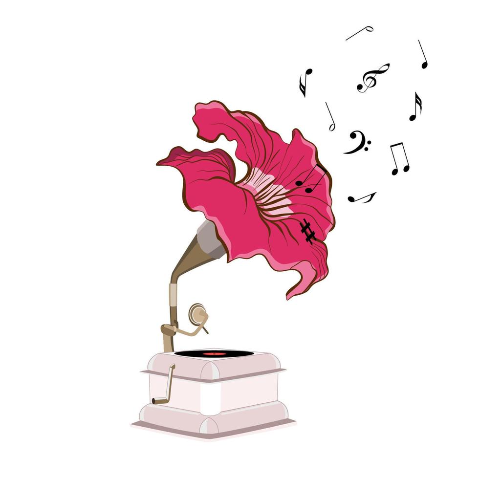 grammofon med blomma av krasse och musikalisk anteckningar i platt Metod vektor