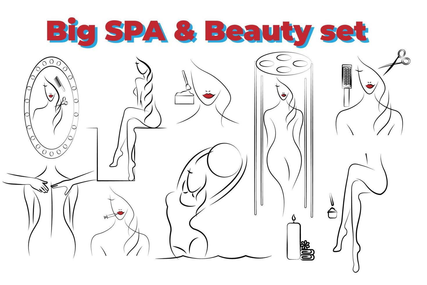 Reihe von Bildern von Beauty-Self-Care-Verfahren für Frauen und Spa-Friseur, Kosmetik, Massage, Solarium. bearbeitbare Vektorillustration vektor