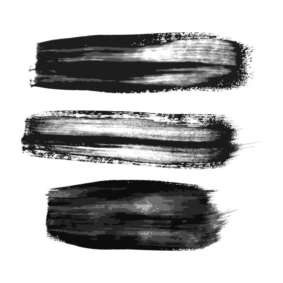 uppsättning av tre svart borsta slag. hand dragen bläck fläckar isolerat på vit bakgrund. vektor illustration