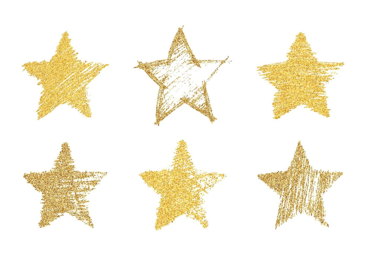 Set aus sechs handgezeichneten Sternen mit Goldglittereffekt. grobe Sternform im Doodle-Stil mit Goldglittereffekt auf weißem Hintergrund. Vektor-Illustration vektor