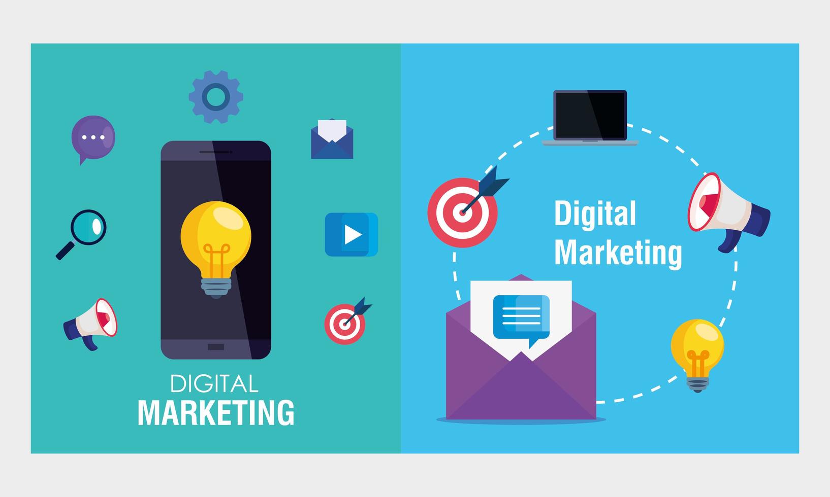Smartphone und Umschlag mit Symbolsatz des digitalen Marketingvektordesigns vektor