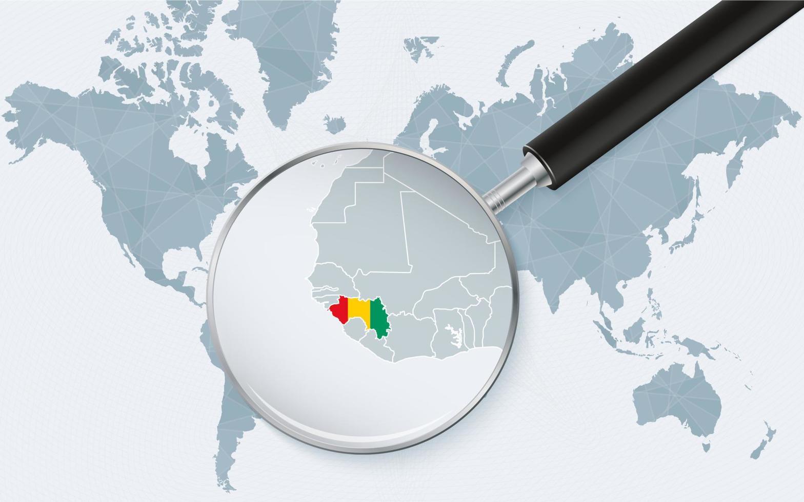 värld Karta med en förstorande glas pekande på guinea. Karta av guinea med de flagga i de slinga. vektor