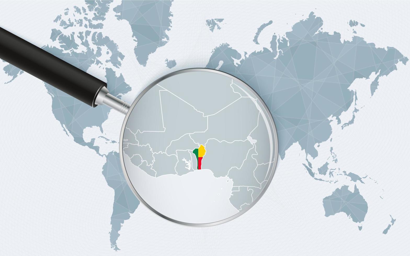 Weltkarte mit einer Lupe, die auf Benin zeigt. Karte von Benin mit der Flagge in der Schleife. vektor